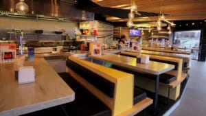 An example of Corian integeration into bespoke booth seating and solid surfaces used in restaurants